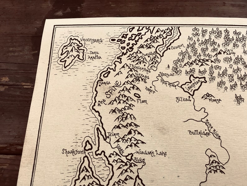 A close up of the details of the map, including the ocean, trees, and mountains.