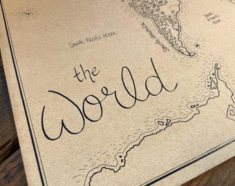 World Map: Aged, Handmade, Hand drawn, Gifts, Fantasy Style Art