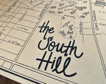 The South Hill of Spokane: Aged, Handmade, Hand drawn, Authentic Gift, Fantasy Map