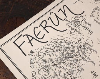 Hand-Drawn Faerun Map: Handmade Dungeons and Dragons, D&D, Baldur's Gate, and Sword Coast wall art