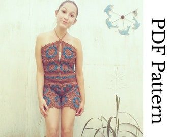 Crochet Flower Granny Sqaure Romper English PDF Pattern