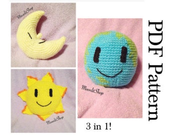 Crochet Crescent Moon, Happy Sun & Earth Amigurumi Plush English PDF Patterns 3 in 1!