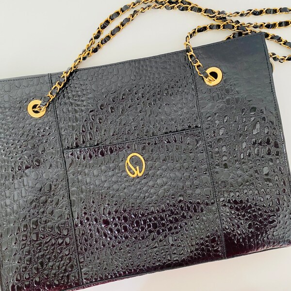 St. John Black Embossed Croc Patent Leather Chain Tote Bag