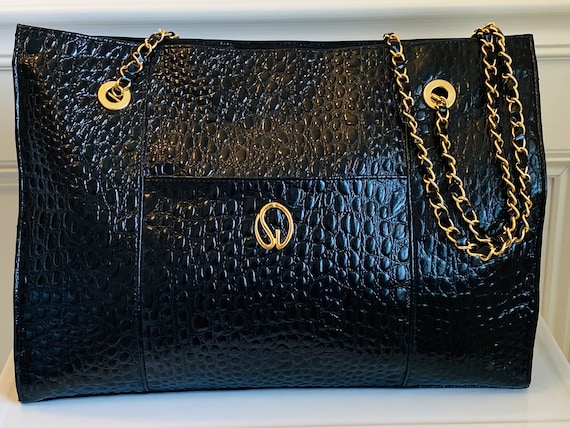 St. John Black Embossed Croc Patent Leather Chain Tote Bag Etsy