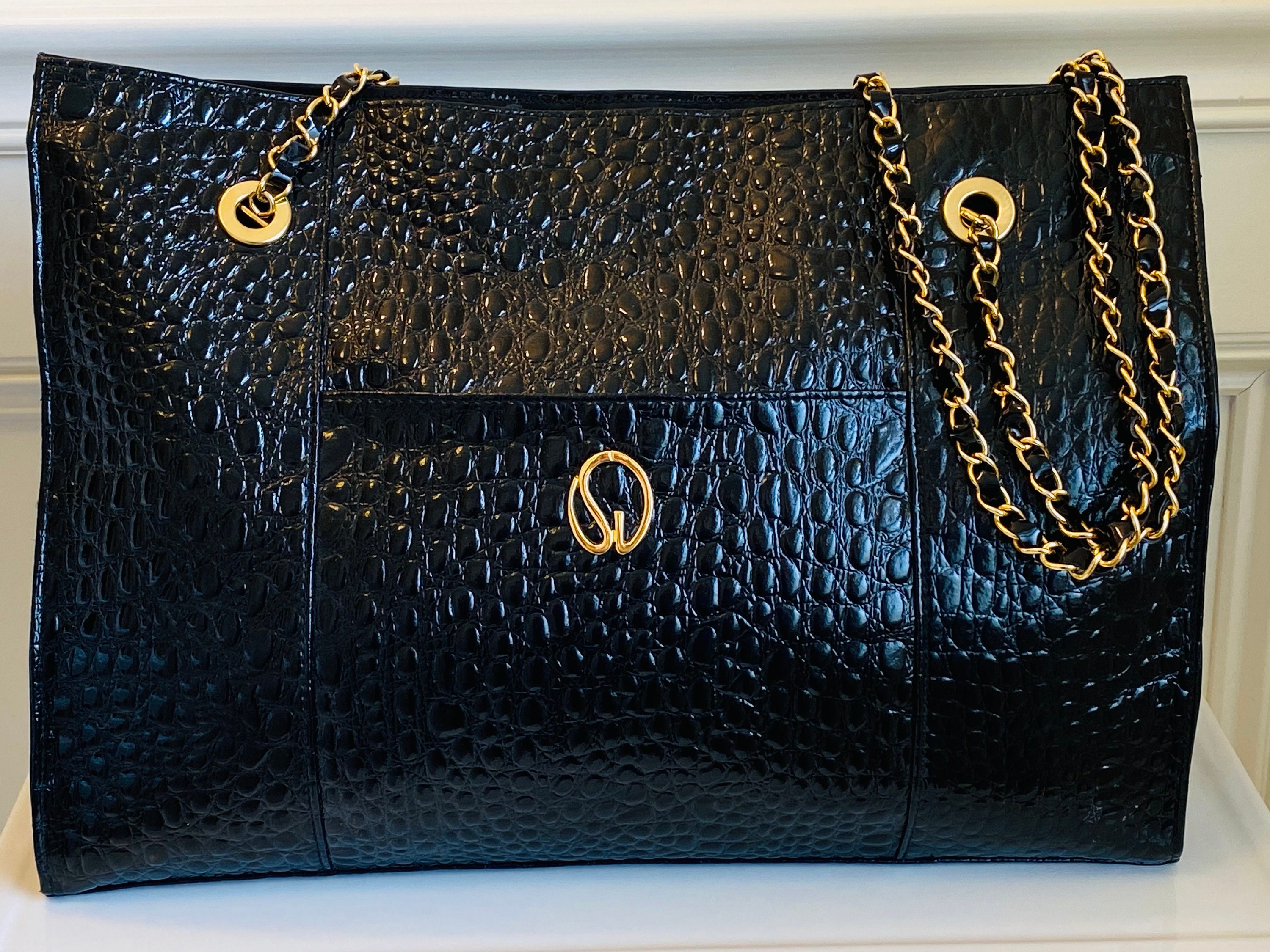 St. John Black Embossed Croc Patent Leather Chain Tote Bag Etsy
