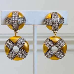 Givenchy Vintage Oversized Rhinestone and Satin Gold Dangle Statement Earrings