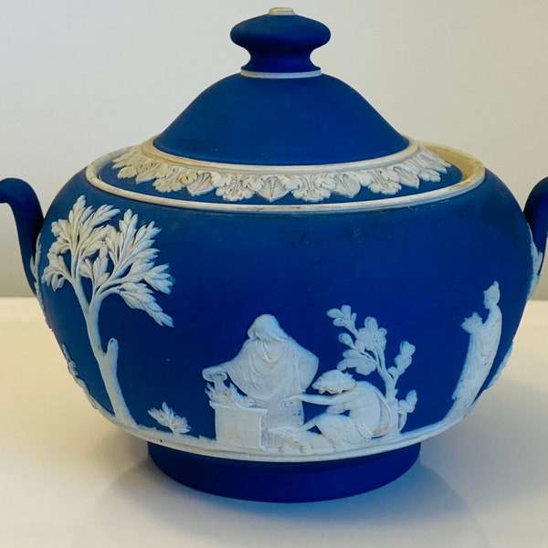 Wedgwood Neoclassical Portland Blue Older Jasperware Porcelain Sugar Bowl 1905