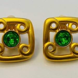 Givenchy Vintage Matte Gold and Green Crystal Earrings MINT!