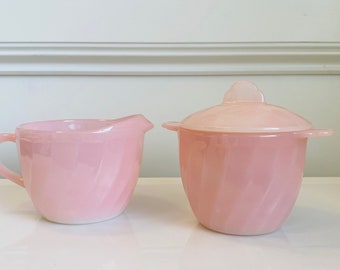 Fire King Pink Swirl Lidded Sugar and Creamer Set