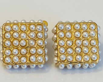 Blair Delmonico Vintage Signed Statement Faux Pearl Studded Square Clip Earrings