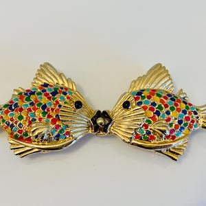 Mimi di N Vintage 1981 Rainbow Enamel and Gold Tone Kissing Fish Belt Buckle