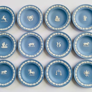 May include: A set of twelve circular blue ceramic plates, each featuring a white relief border of leaves and a central white relief figure representing one of the twelve zodiac signs, arranged in a grid of three rows and four columns.