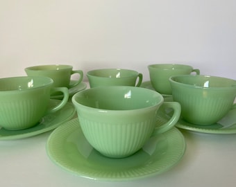 Jadeite Cup & Saucer Set - Vintage Fire King Jane Ray Tea Coffee