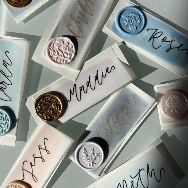 Vellum Name Tag with Wax Seal, Name Tag Place Settings, Vellum Tags with wax seal, watercolor name tag place settings,hand lettered name tag