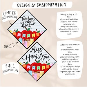 May include: Two diamond-shaped graduation cap toppers featuring a lined paper background, red apples, and a colorful banner with the text 'CLASS OF 2025'. One topper displays 'Teaching IS A WORK OF heart', the other displays 'Miss Hamilton'.