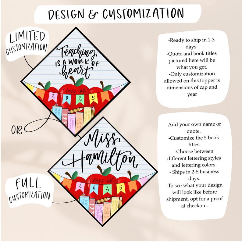 May include: Two diamond-shaped graduation cap toppers featuring a lined paper background, red apples, and a colorful banner with the text 'CLASS OF 2025'. One topper displays 'Teaching IS A WORK OF heart', the other displays 'Miss Hamilton'.