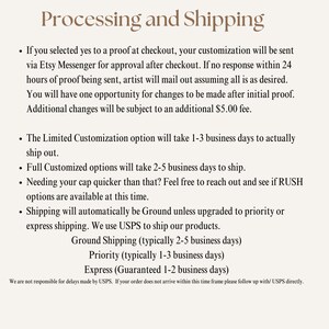 May include: A beige informational graphic titled Processing and Shipping in brown text. It outlines policies for proof approvals, customization timelines, and shipping methods including Ground, Priority, and Express options via USPS for orders.