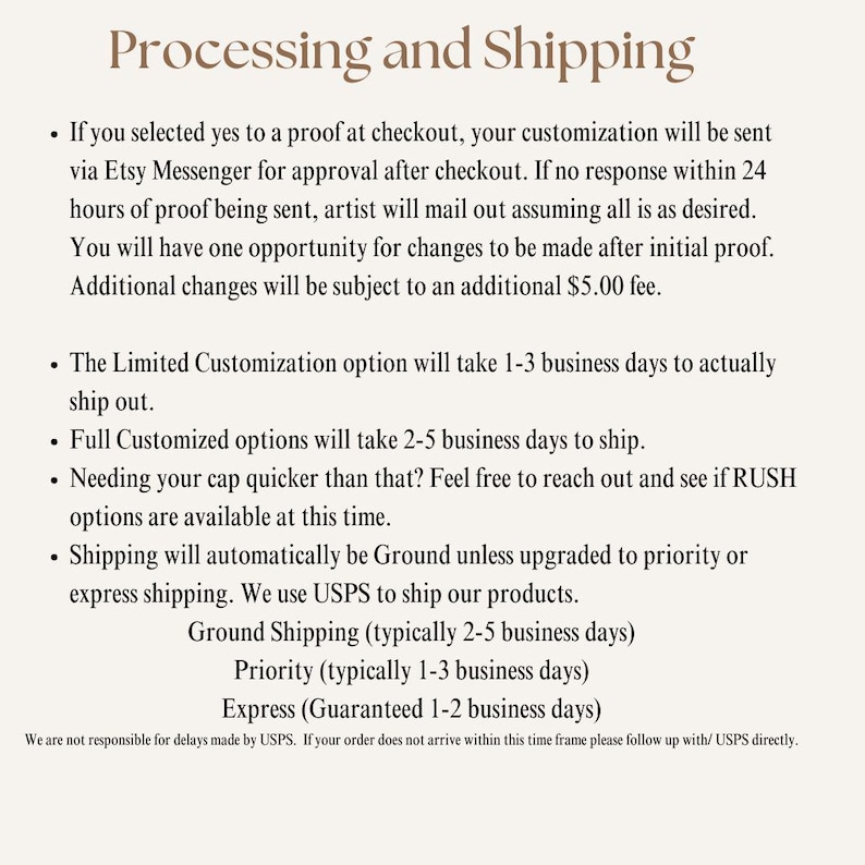 May include: A beige informational graphic titled Processing and Shipping in brown text. It outlines policies for proof approvals, customization timelines, and shipping methods including Ground, Priority, and Express options via USPS for orders.