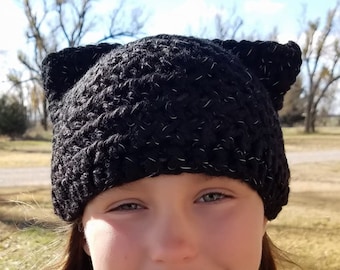 Cute Kitty Ears Winter Beanie, Winter Hat with Cat Ears, Skull Cap, Black Reflective