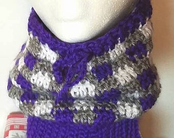 Crochet Messy Bun Beanie Ponytail Hat Cowl in Purple, White & Silver EMAW, Gator, Kerchief, Mom Bun, Top Knot, Convertable