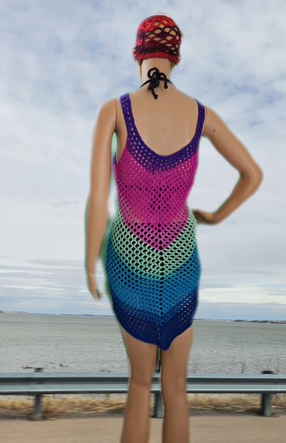 Chevron Tank Dress Mesh Swimsuit Beach Cover Up, Beachcomber Beachwear Aqua Teal Hot Pink Fuchsia Magenta Purple Indigo Royal Sapphire Blue