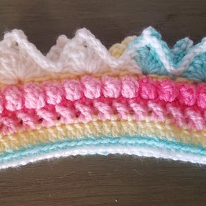 Small Cute Crochet Crown Ear Warmer Princess Crown Snow Queen in Tutti Fruitti, white, baby blue, yellow, pink, and fuchsia