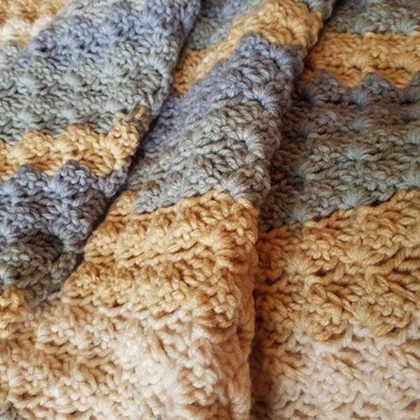 Blanket, Hand Crochet Corner to Corner Throw, C2C Afghan, Bernat Pop in Sandy Beach Colors, Shades of Blue and Beige and White