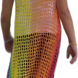 Long Crochet Duster Vest, Rainbow Mesh Cardigan, Festival Sleeveless Cover Up, Boho Open Knit Summer Kimono, Colorful Crochet Beach Coverup