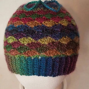 May include: A colorful crocheted hat with a multi-colored chevron pattern. The hat is made with a variety of shades of green, blue, purple, red, and brown yarn.