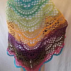 Crochet Butterfly Shawl, Wedding wrap, Lace Shawl, triangle shawl, sarong, cover up, Tyche, Blue, Green, Yellow,  20% Wool
