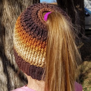 Latte Stripe Messy Bun Beanie, Ponytail Hat, Gift for Wife, Gift for Tween, Gift for Christmas, Winterwear, Mombie Hat, Cozy Warm Hat