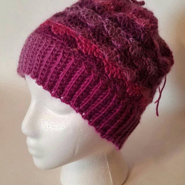 Messy Bun Beanie Ponytail Drawstring Hat Convertible Cowl Neck Gator Winter Cap in Purple Petunia Color Small Size
