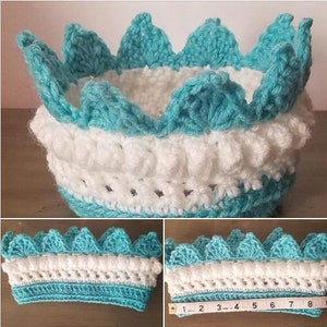 Small Cute Crochet Crown Ear Warmer Prince or Princess Crown Snow King or Queen in Teal and White
