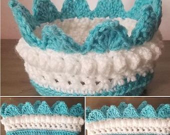 Small Cute Crochet Crown Ear Warmer Prince or Princess Crown Snow King or Queen in Teal and White