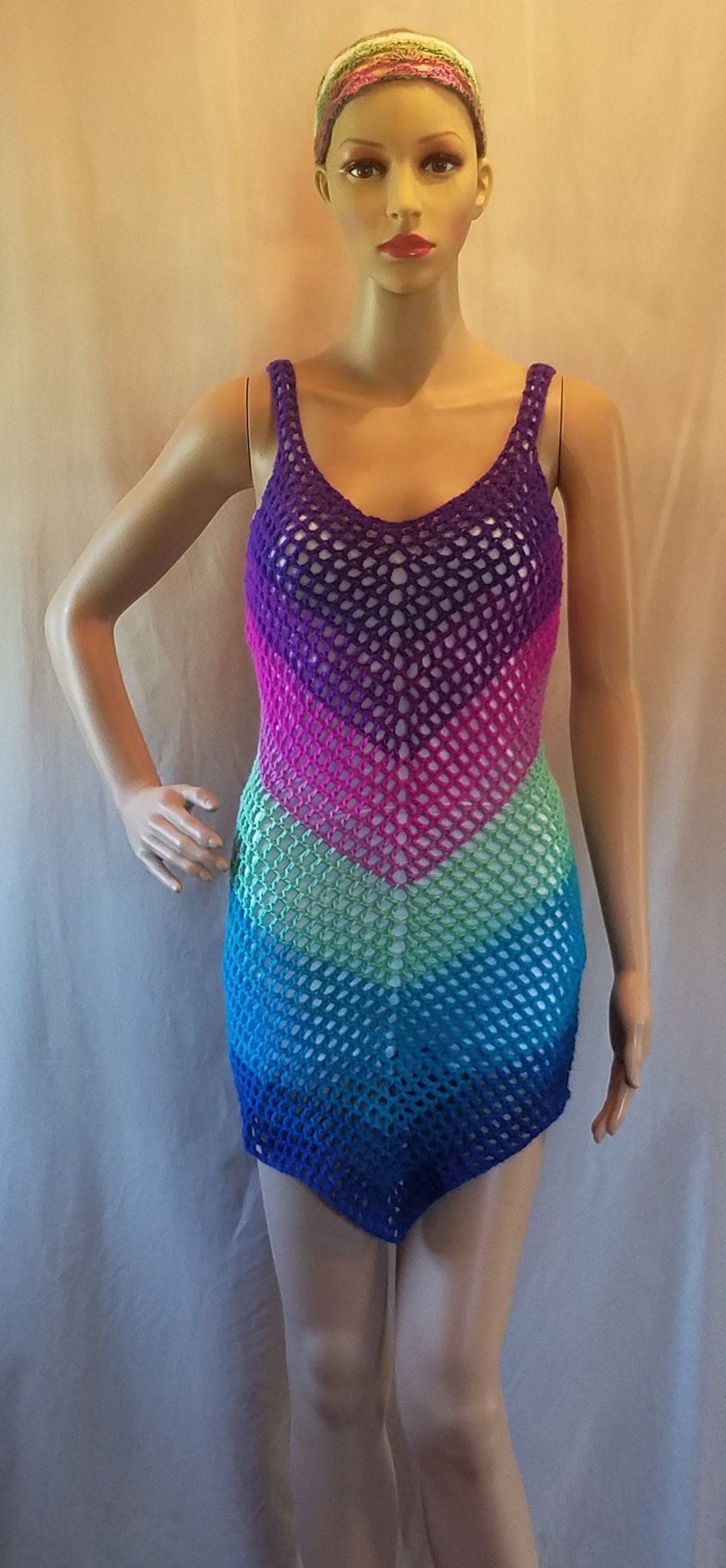 Chevron Tank Dress Mesh Swimsuit Beach Cover Up, Beachwear