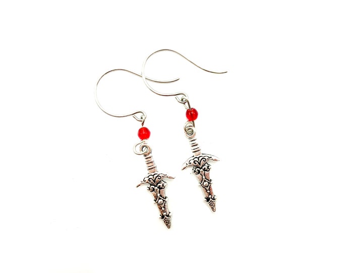 SWORD: detailed sword earrings with red accent beads
