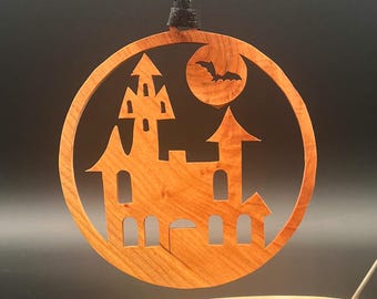Handmade Cherry Wood Halloween Ornament: Haunted House, Bats