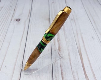 Cigar Pen, Wood and Resin Twist Pen, Olive Wood Hybrid Cigar Pen, Bright Green Resin Pen, Gift for Professionals, Gift for Writers