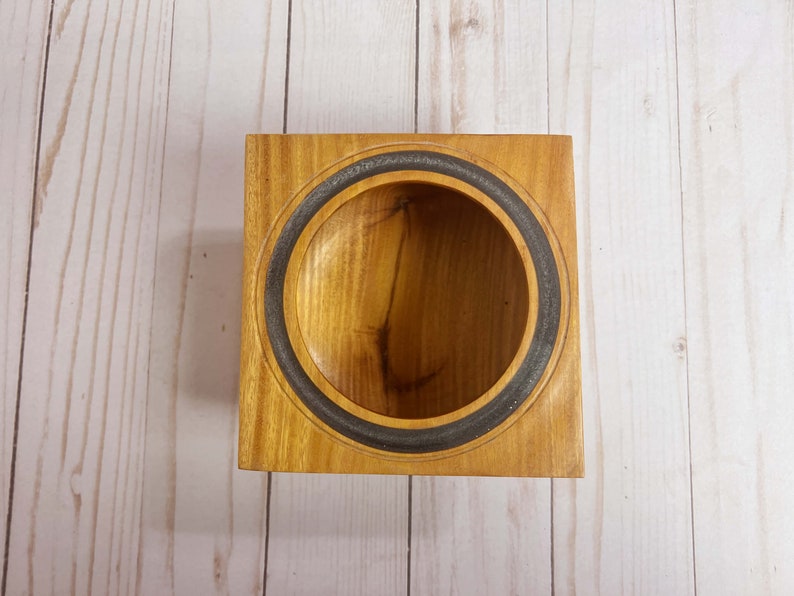 Osage Orange wooden bowl with square top and round opening and bowl - top view looking into the bowl