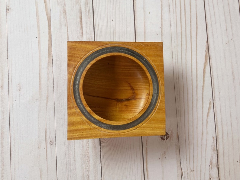 Osage Orange wooden bowl with square top and round opening and bowl - top view looking into the bowl