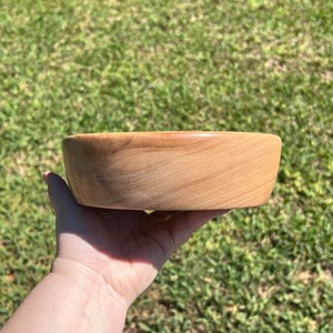 Shallow bowl made from camphor wood - being held in natural light, side view