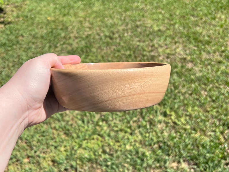 Shallow bowl made from camphor wood - being held in natural light to show another side view