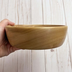 Shallow bowl made from camphor wood - being held to show another side view