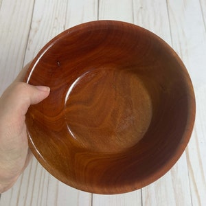 Eucalyptus wood bowl - holding for scale, top down view