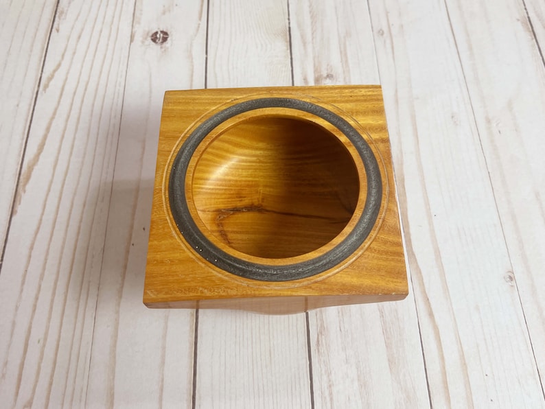 Osage Orange wooden bowl with square top and round opening and bowl - top view looking into the bowl