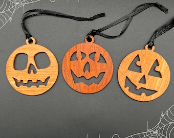 Handmade Cherry Wood Jack-o-Lantern Ornament: Halloween Decor