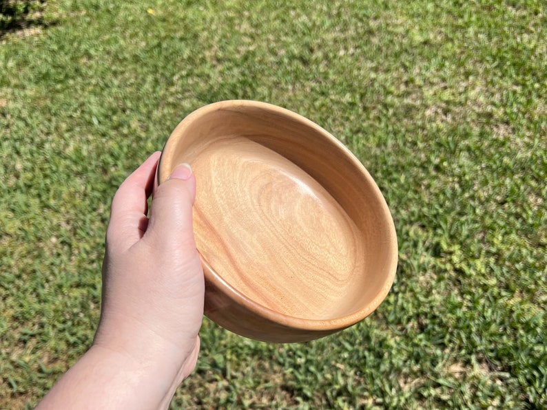 Shallow bowl made from camphor wood - being held in natural light, angled view to show inside of bowl