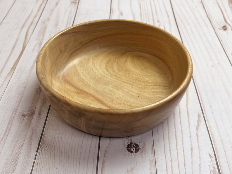 Shallow bowl made from camphor wood - angled view to show side and inside of bowl