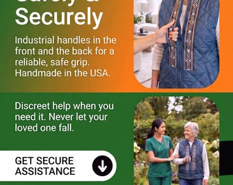 May include: A navy blue quilted vest featuring vertical patterned fabric strips along the front zipper and integrated handles. The text reads: Stand Up Safely & Securely, Industrial handles in the front and the back for a reliable, safe grip, Handmade in the USA, Discreet help when you need it, Never let your loved one fall, GET SECURE ASSISTANCE, Look good, feel good, stay steady, FREE SHIPPING IN THE USA, gaitvest.com.