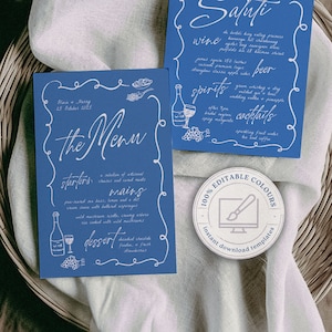 Plantilla de menú dibujado a mano VINO Blue / Menú dibujado a mano para cenas / Ilustraciones de comida y vino / Plantilla de descarga instantánea / Menú de boda